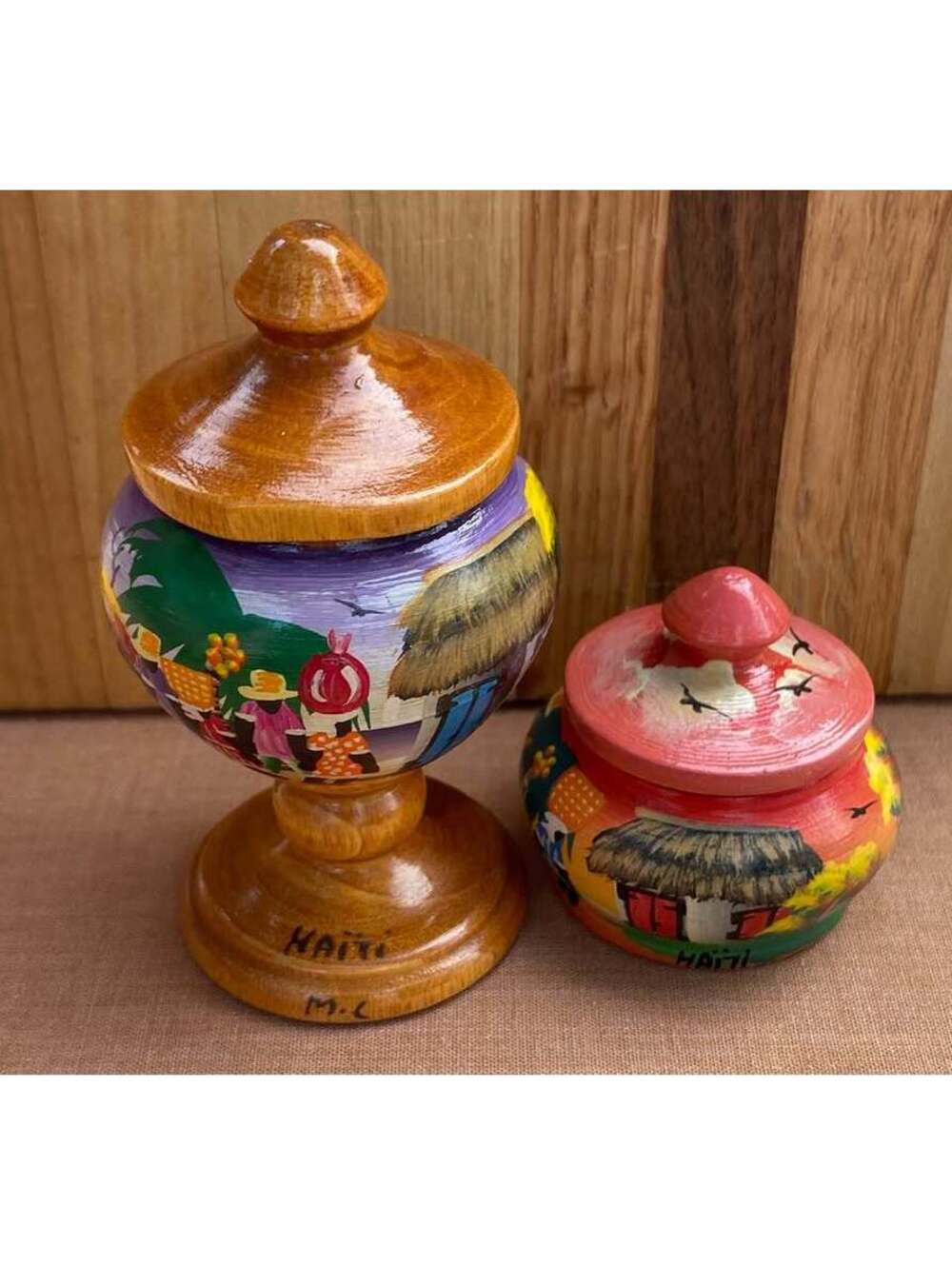 Vintage Hand-Painted Haitian Wooden Lidded Jars - Set of 2